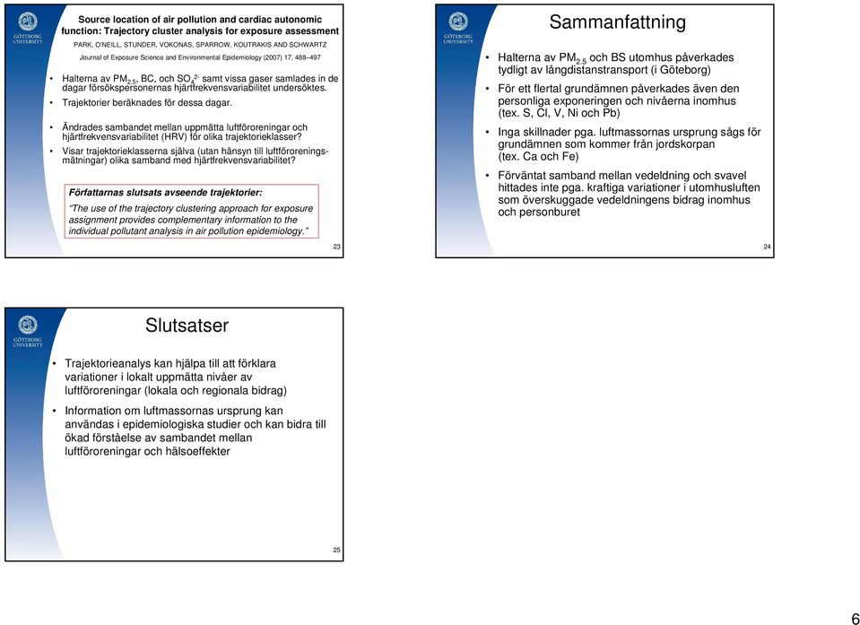 Trajektorier beräknades för dessa dagar. Ändrades sambandet mellan uppmätta luftföroreningar och hjärtfrekvensvariabilitet (HRV) för olika trajektorieklasser?