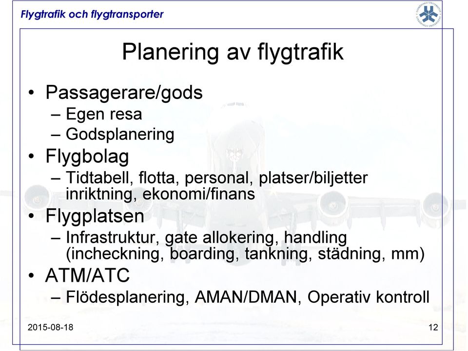 Flygplatsen Infrastruktur, gate allokering, handling (incheckning, boarding,