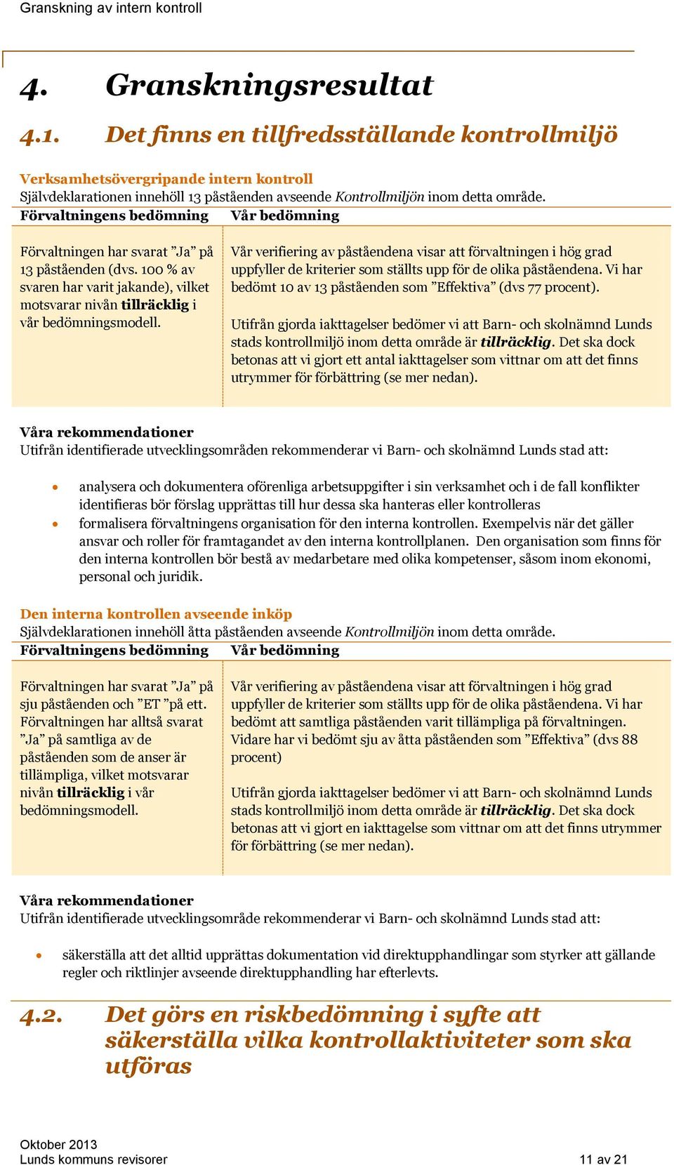 Vår verifiering av påståendena visar att förvaltningen i hög grad uppfyller de kriterier som ställts upp för de olika påståendena. Vi har bedömt 10 av 13 påståenden som Effektiva (dvs 77 procent).