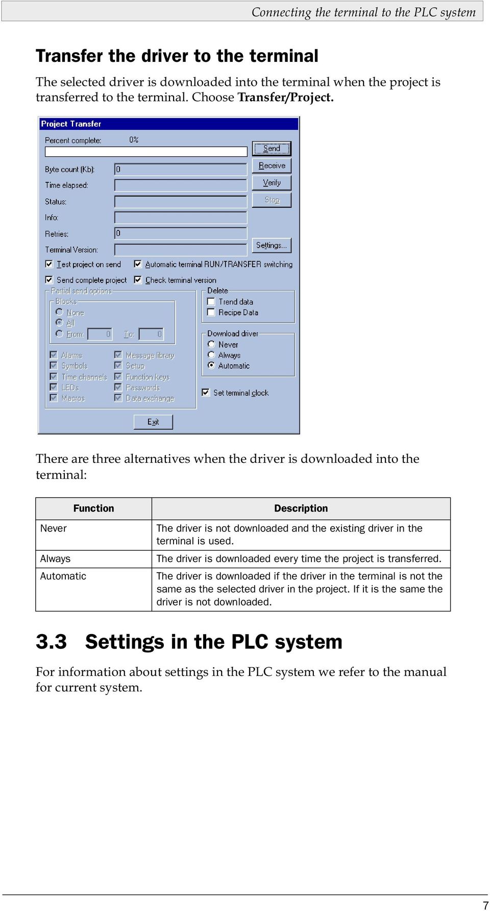 There are three alternatives when the driver is downloaded into the terminal: Function Never Always Automatic Description The driver is not downloaded and the existing driver in the