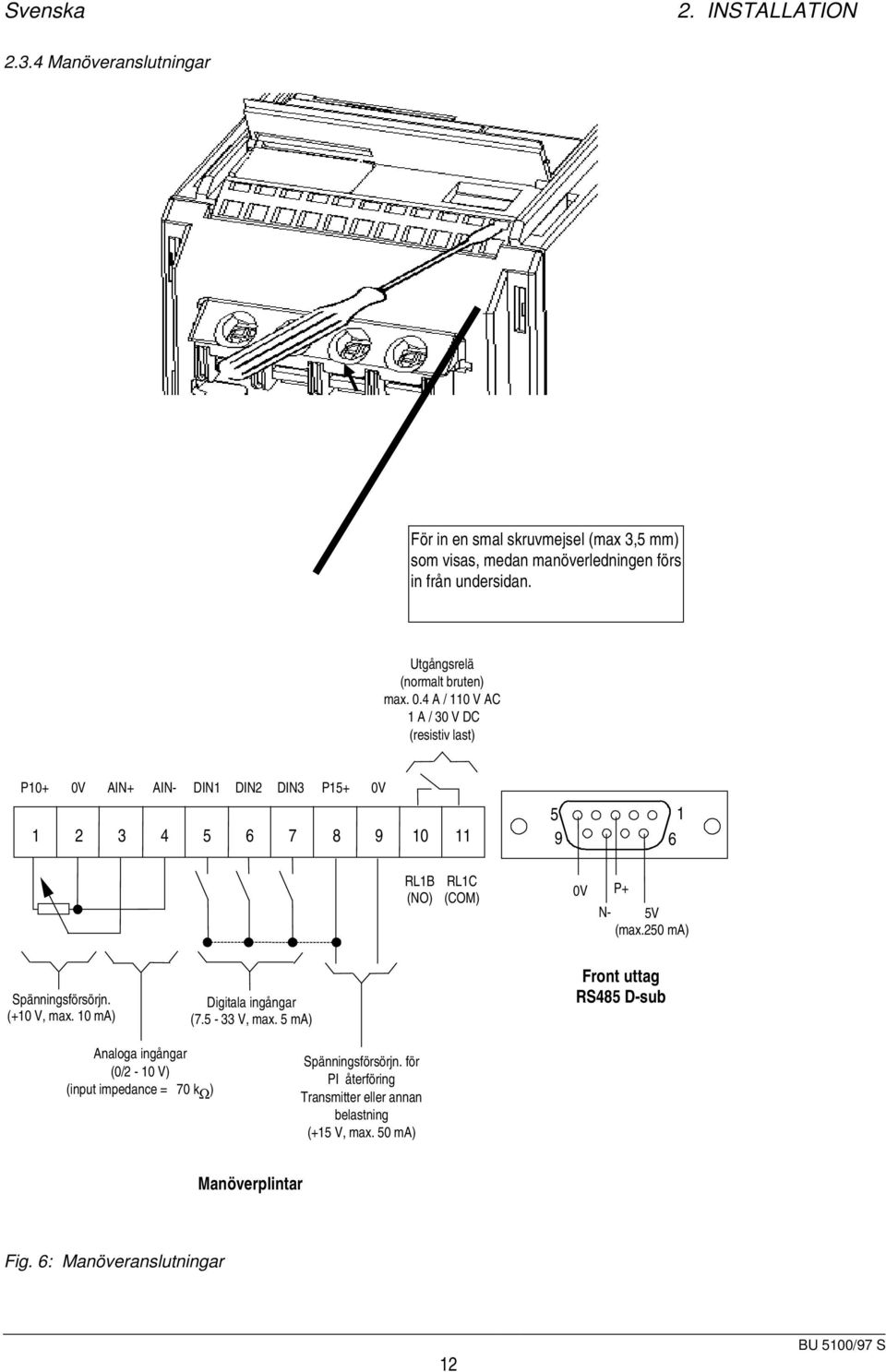 4 A / 110 V AC 1 A / 30 V DC (resistiv last) P10+ 0V AIN+ AIN- DIN1 DIN2 DIN3 P15+ 1 2 3 4 5 6 7 8 9 10 11 0V 5 9 1 6 RL1B (NO) RL1C (COM) 0V P+ N- 5V (max.