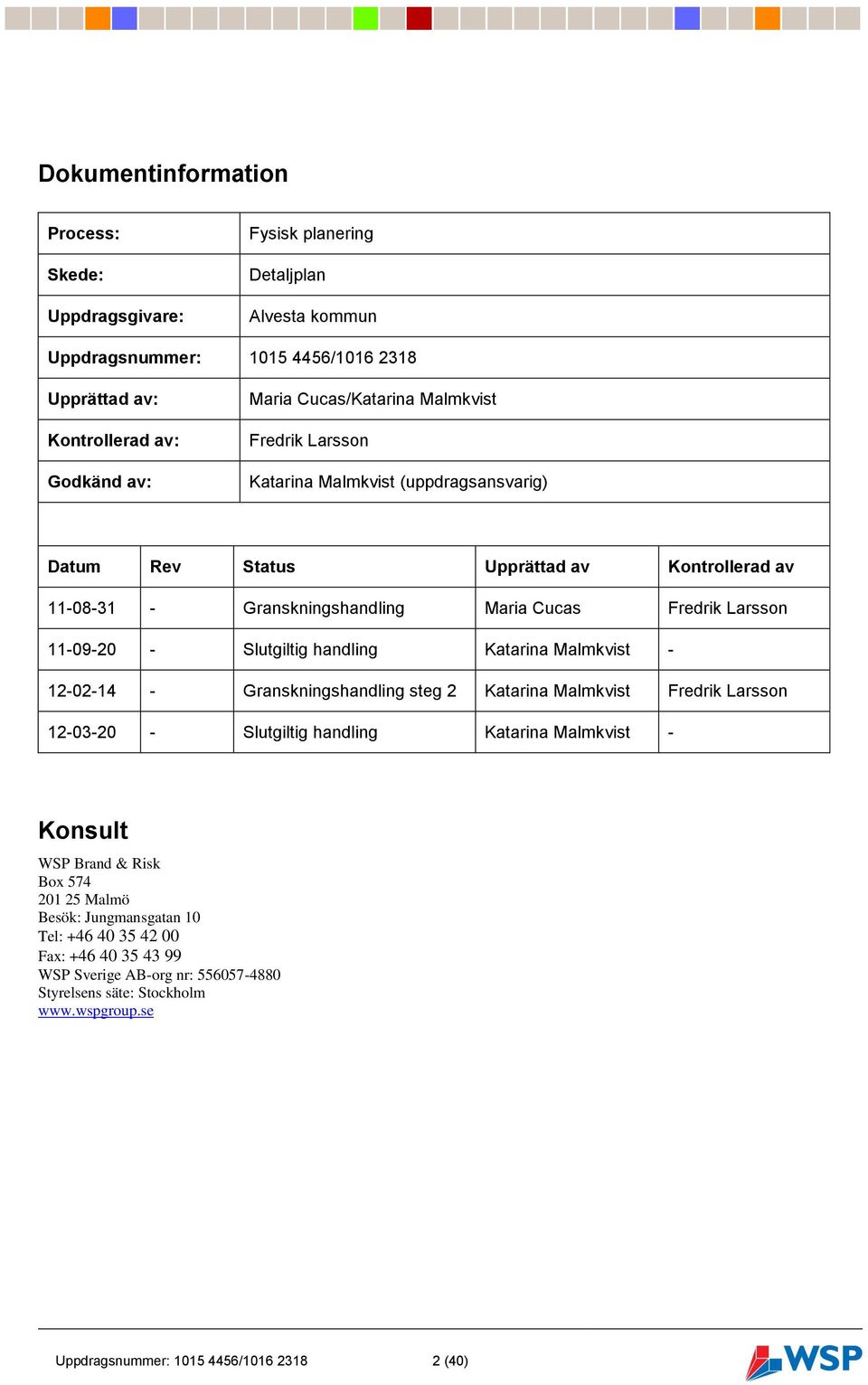 - Slutgiltig handling Katarina Malmkvist - 12-02-14 - Granskningshandling steg 2 Katarina Malmkvist Fredrik Larsson 12-03-20 - Slutgiltig handling Katarina Malmkvist - Konsult WSP Brand & Risk