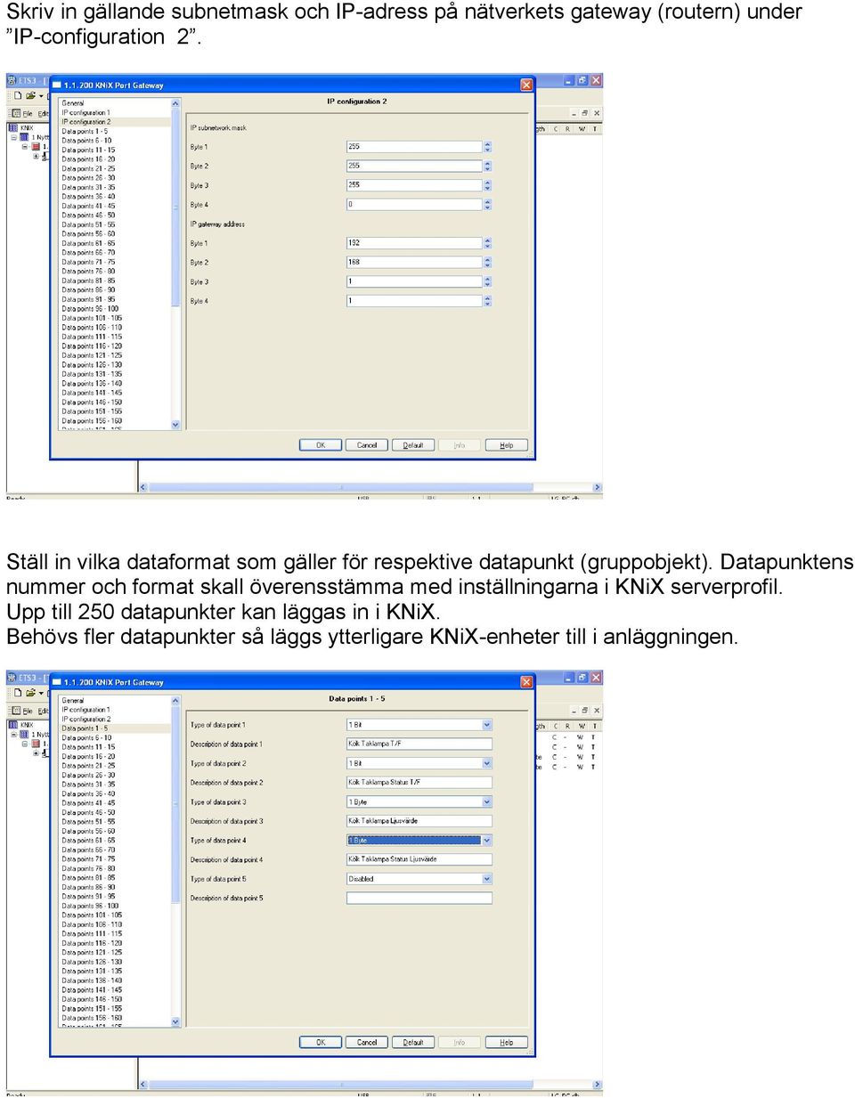 Datapunktens nummer och format skall överensstämma med inställningarna i KNiX serverprofil.