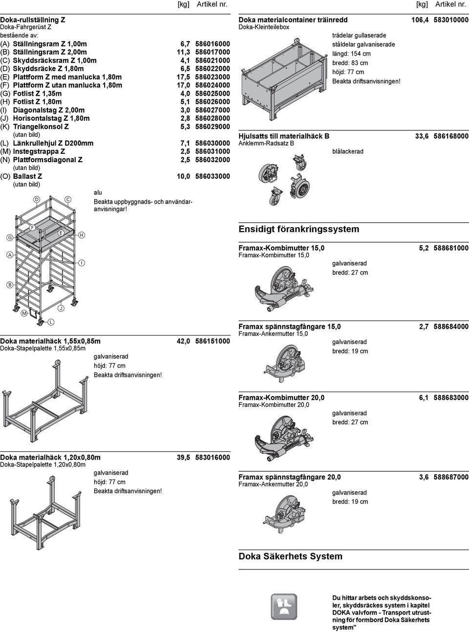 586027000 (J) Horisontalstag Z 1,80m 2,8 586028000 (K) Triangelkonsol Z 5,3 586029000 (utan bild) (L) Länkrullehjul Z D200mm 7,1 586030000 (M) Instegstrappa Z 2,5 586031000 (N) Plattformsdiagonal Z