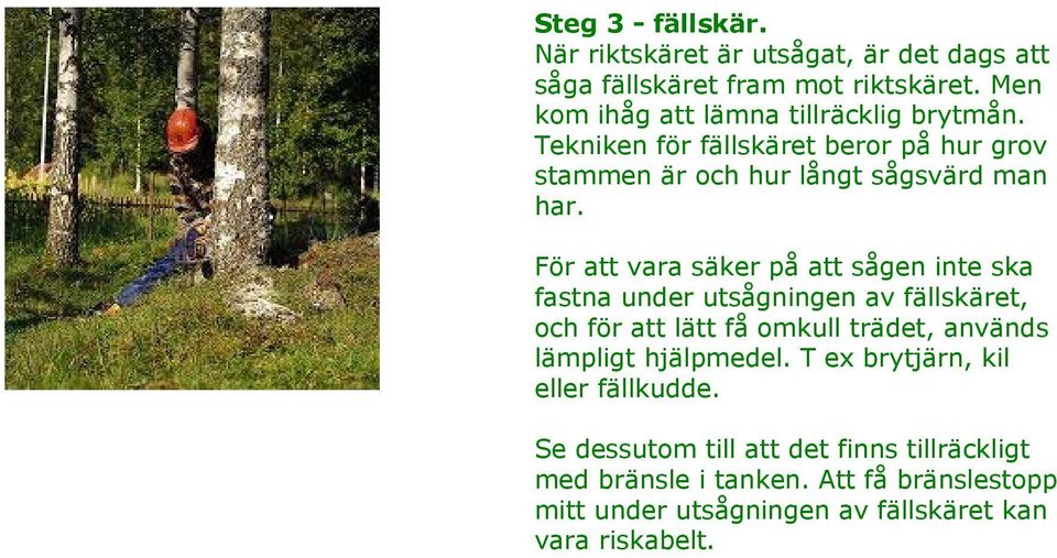 För att vara säker på att sågen inte ska fastna under utsågningen av fällskäret, och för att lätt få omkull trädet, används lämpligt