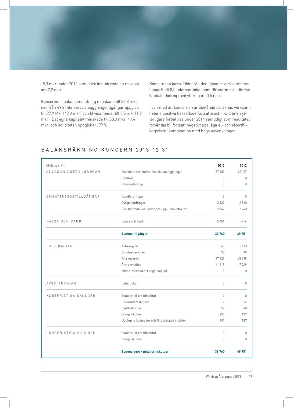 Det egna kapitalet minskade till 38,3 mkr (49,4 mkr) och soliditeten uppgick till 99 %.