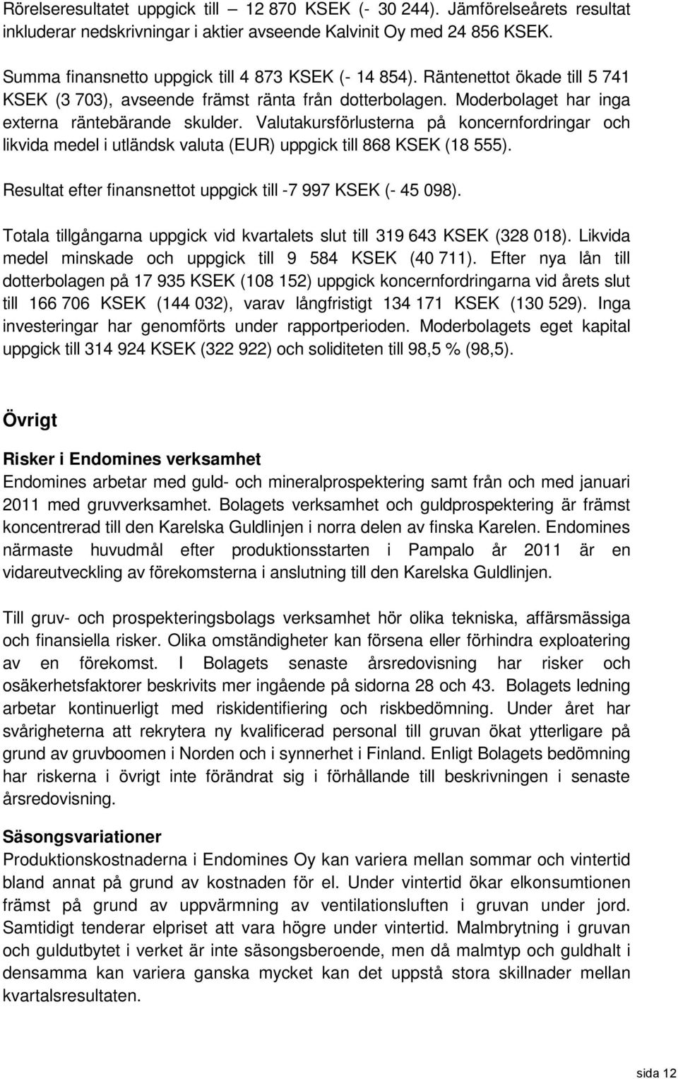 Valutakursförlusterna på koncernfordringar och likvida medel i utländsk valuta (EUR) uppgick till 868 KSEK (18 555). Resultat efter finansnettot uppgick till -7 997 KSEK (- 45 098).