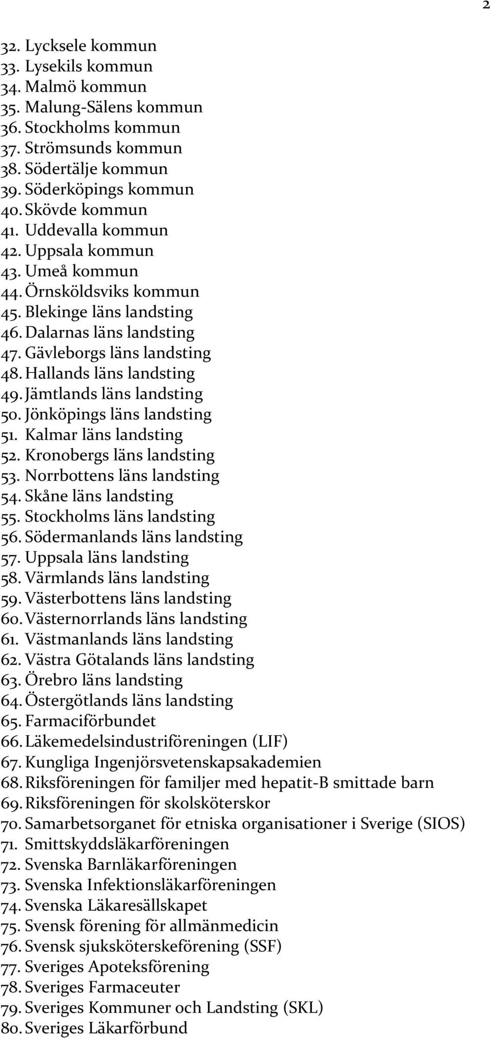 Jämtlands läns landsting 50. Jönköpings läns landsting 51. Kalmar läns landsting 52. Kronobergs läns landsting 53. Norrbottens läns landsting 54. Skåne läns landsting 55. Stockholms läns landsting 56.