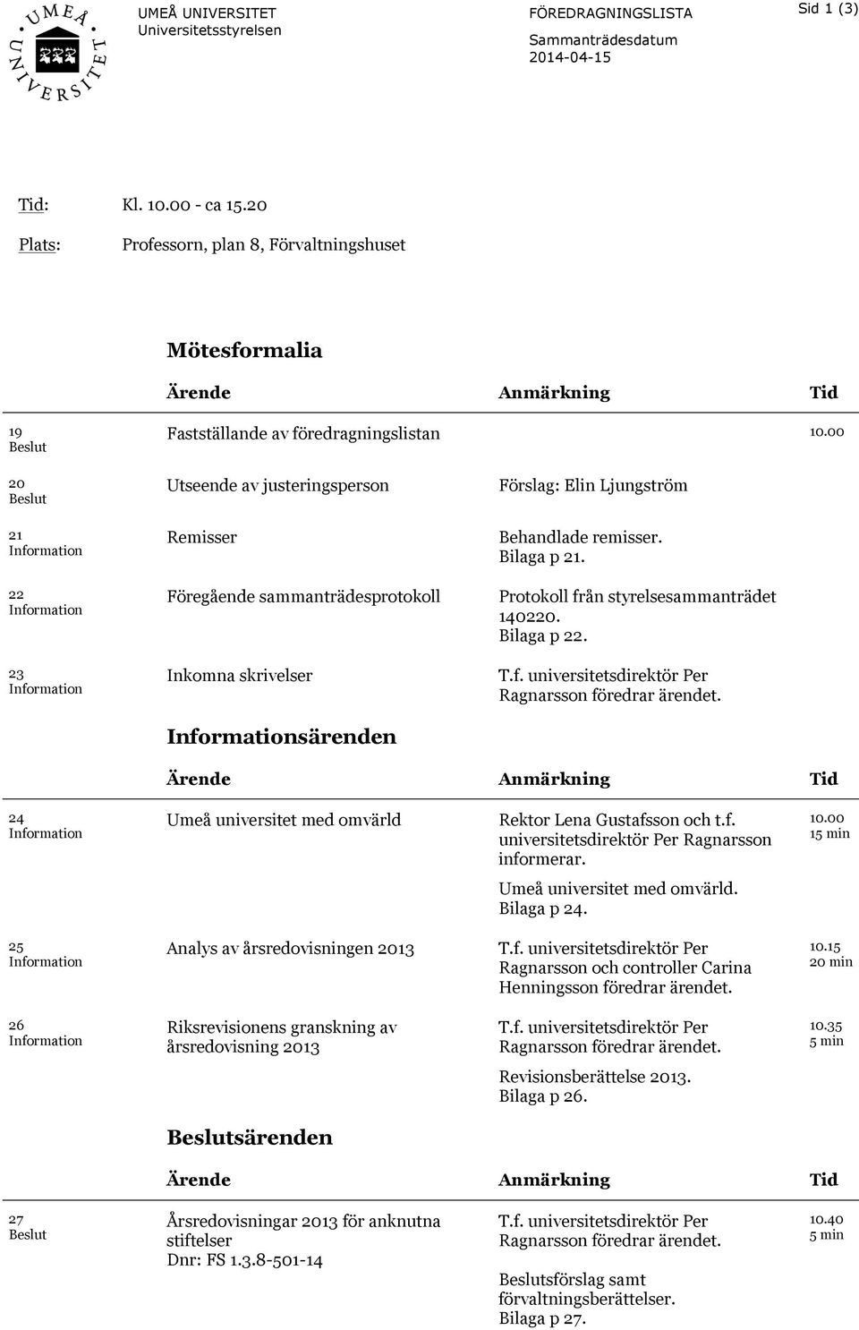 00 20 Beslut 21 Information 22 Information 23 Information Utseende av justeringsperson Remisser Föregående sammanträdesprotokoll Inkomna skrivelser Informationsärenden Förslag: Elin Ljungström