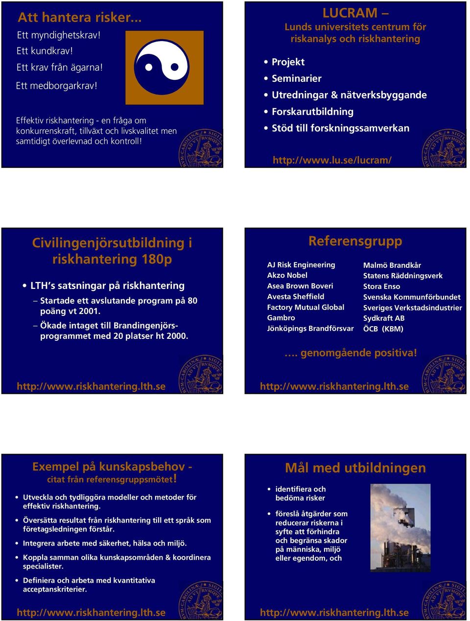 LUCRAM Lunds universitets centrum för riskanalys och riskhantering Projekt Seminarier Utredningar & nätverksbyggande Forskarutbildning Stöd till forskningssamverkan http://www.lu.