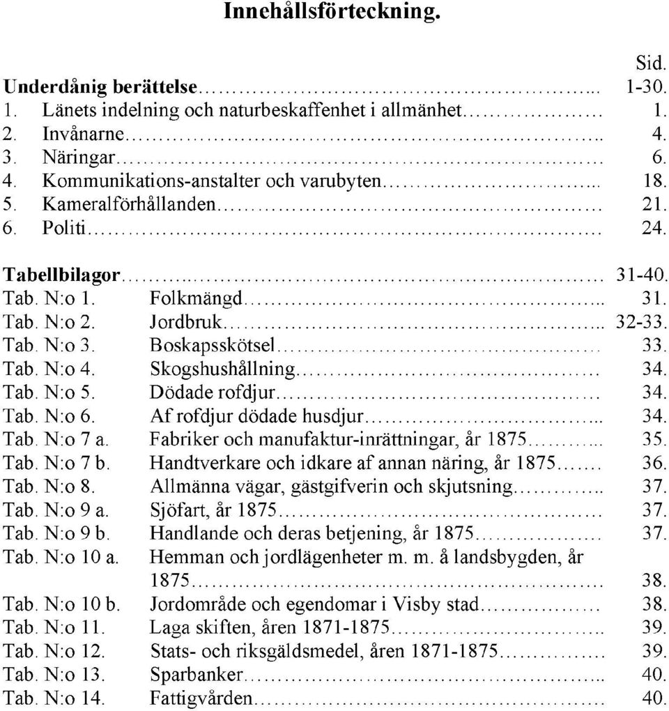 Tab. N:o 10 a. Tab. N:o 10 b. Tab. N:o 11. Tab. N:o 12. Tab. N:o 13. Tab. N:o 14. Folkmängd... 31. Jordbruk... 32-33. Boskapsskötsel 33. Skogshushållning 34. Dödade rofdjur 34.