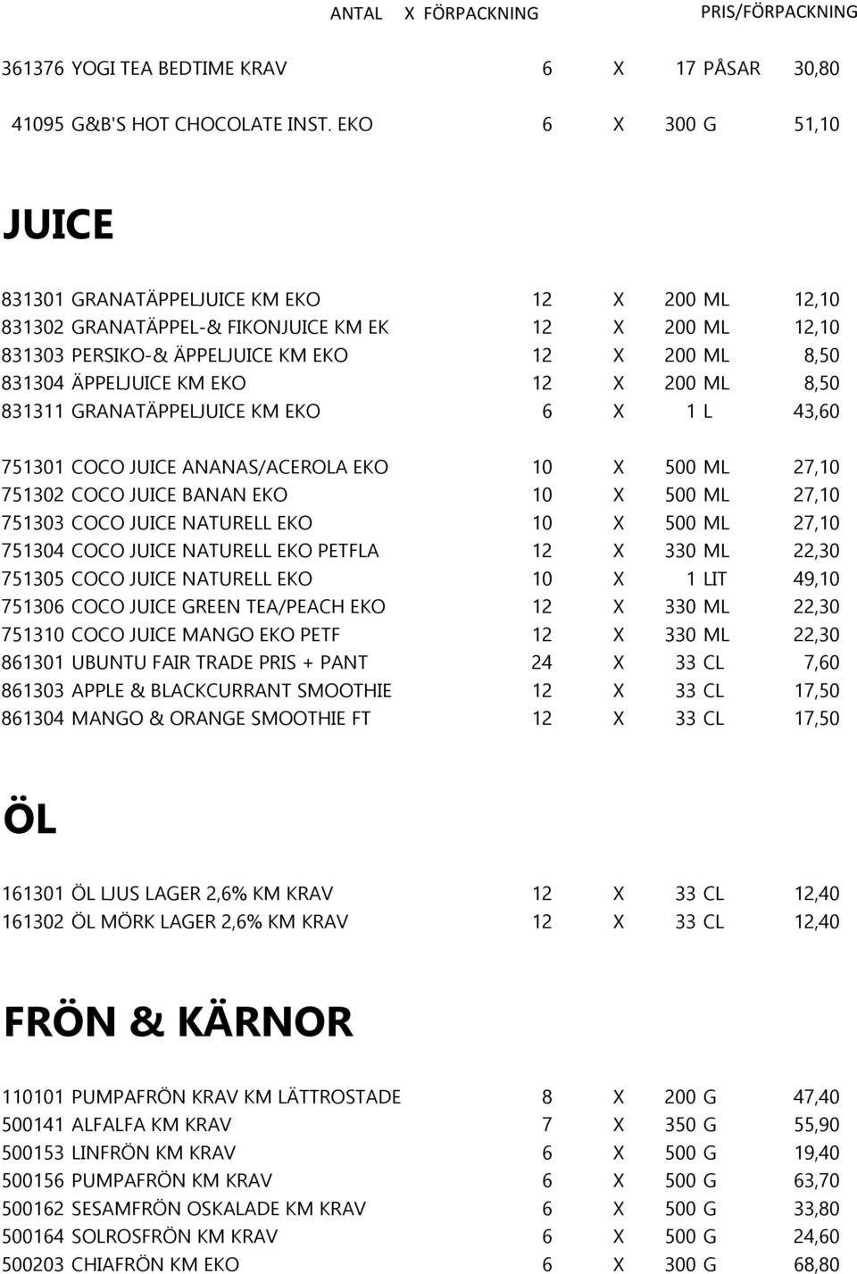 ÄPPELJUICE KM EKO 12 X 200 ML 8,50 831311 GRANATÄPPELJUICE KM EKO 6 X 1 L 43,60 751301 COCO JUICE ANANAS/ACEROLA EKO 10 X 500 ML 27,10 751302 COCO JUICE BANAN EKO 10 X 500 ML 27,10 751303 COCO JUICE