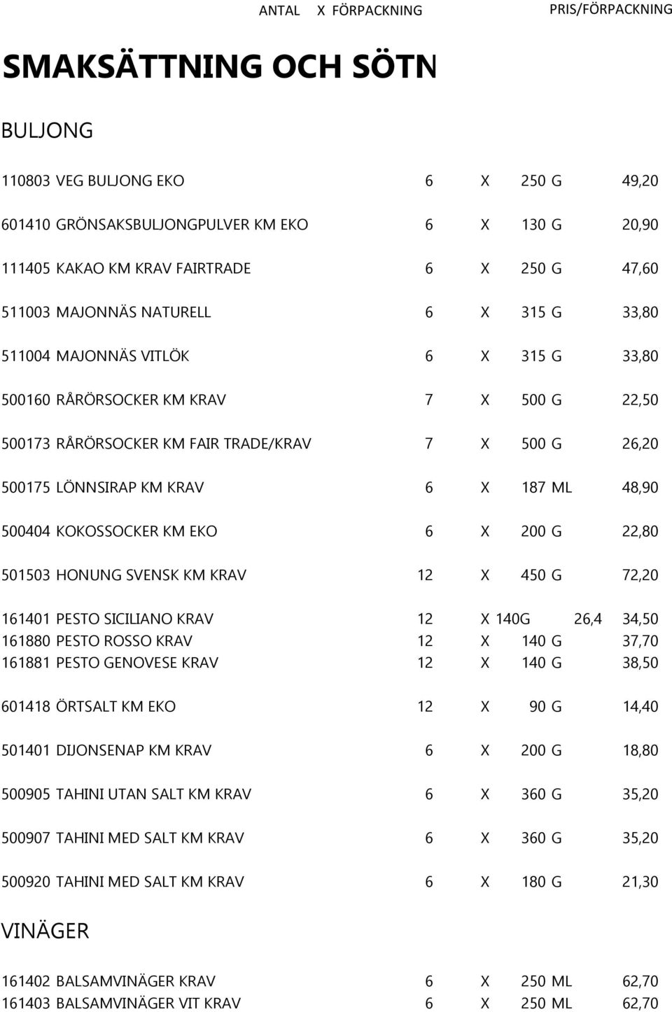 KOKOSSOCKER KM EKO 6 X 200 G 22,80 501503 HONUNG SVENSK KM KRAV 12 X 450 G 72,20 161401 PESTO SICILIANO KRAV 12 X 140G 26,4 34,50 161880 PESTO ROSSO KRAV 12 X 140 G 37,70 161881 PESTO GENOVESE KRAV
