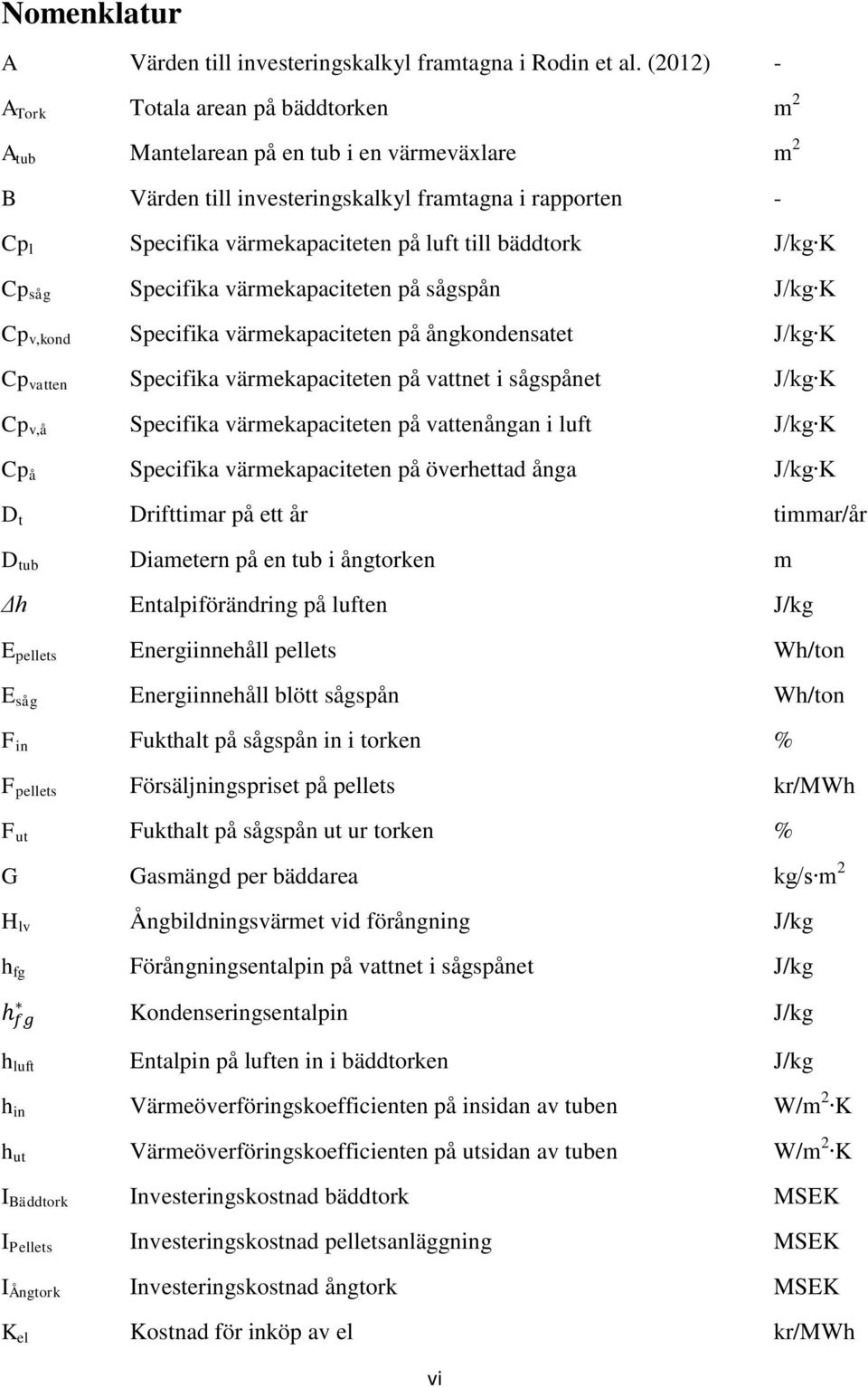 bäddtork J/kg K Cp såg Specifika värmekapaciteten på sågspån J/kg K Cp v,kond Specifika värmekapaciteten på ångkondensatet J/kg K Cp vatten Specifika värmekapaciteten på vattnet i sågspånet J/kg K Cp