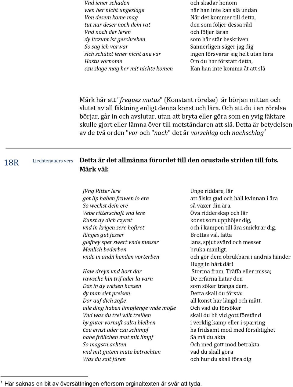 ingen försvarar sig helt utan fara Om du har förstått detta, Kan han inte komma åt att slå Märk här att " freques motus " (Konstant rörelse) är början mitten och slutet av all fäktning enligt denna