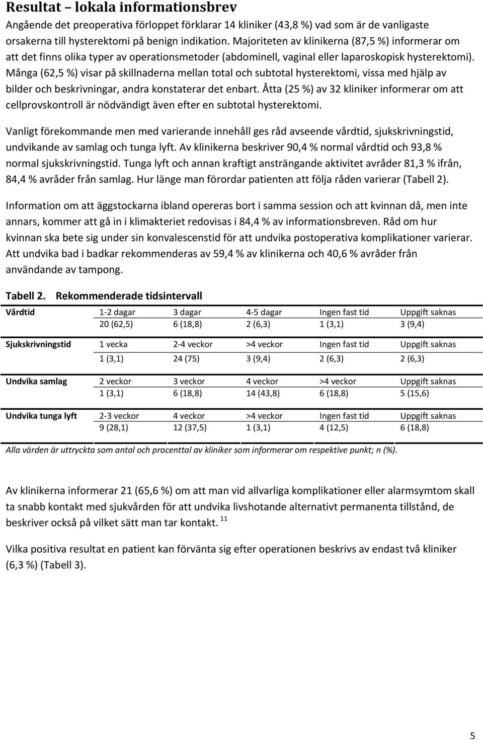 Många (62,5 %) visar på skillnaderna mellan total och subtotal hysterektomi, vissa med hjälp av bilder och beskrivningar, andra konstaterar det enbart.