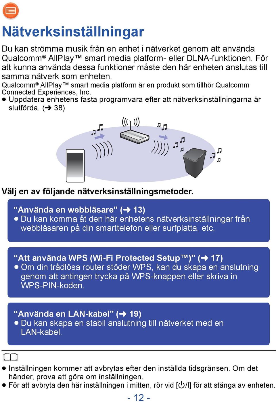 Qualcomm AllPlay smart media platform är en produkt som tillhör Qualcomm Connected Experiences, Inc. Uppdatera enhetens fasta programvara efter att nätverksinställningarna är slutförda.