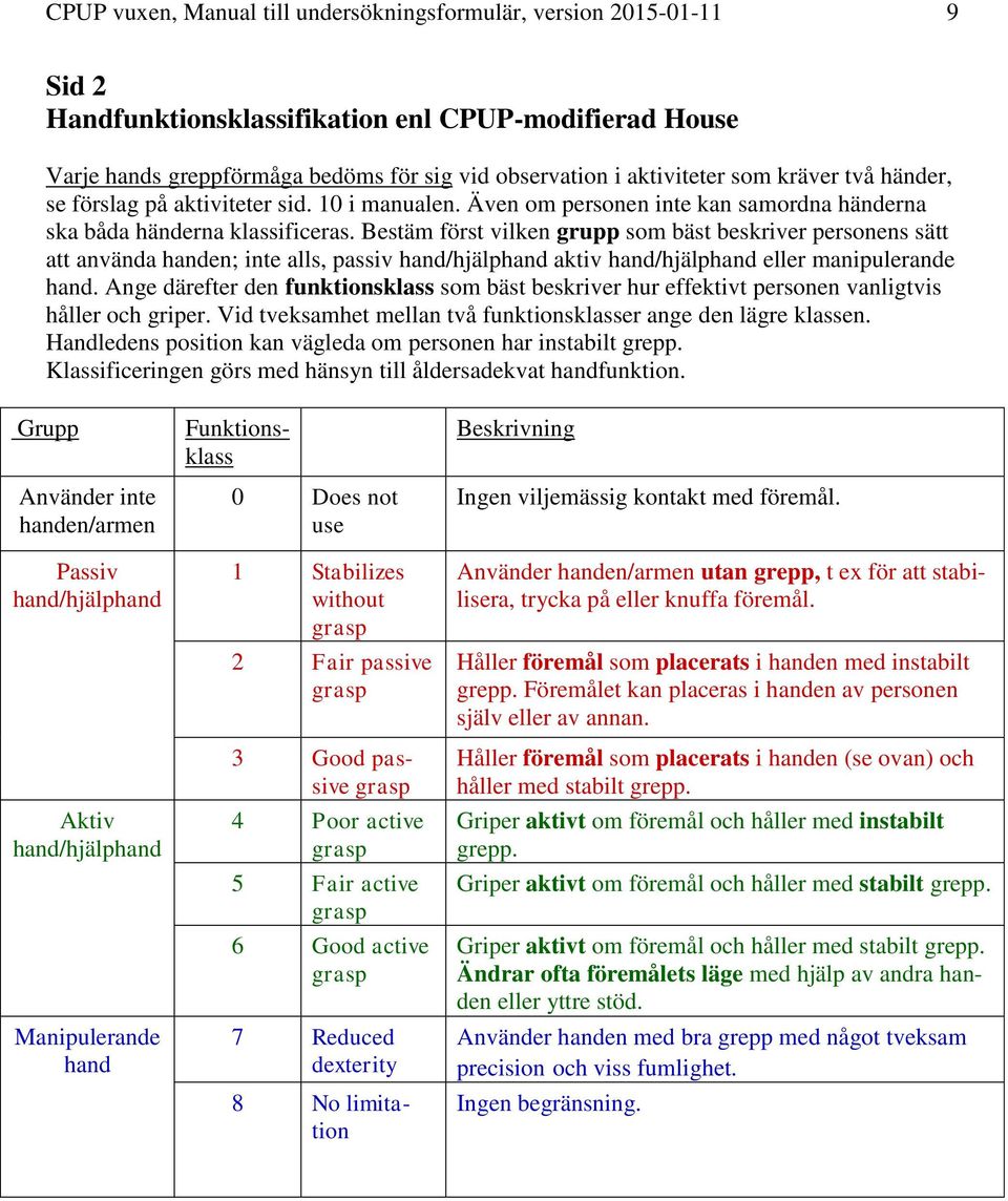 Bestäm först vilken grupp som bäst beskriver personens sätt att använda handen; inte alls, passiv hand/hjälphand aktiv hand/hjälphand eller manipulerande hand.