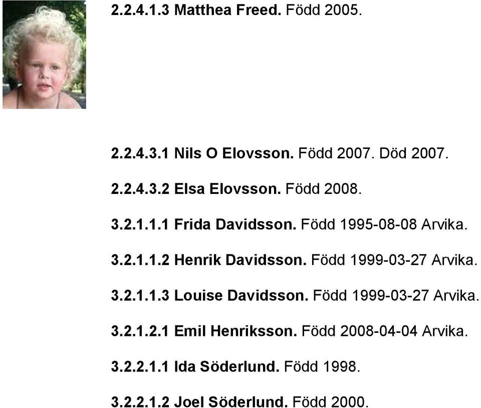 Född 1999-03-27 Arvika. 3.2.1.1.3 Louise Davidsson. Född 1999-03-27 Arvika. 3.2.1.2.1 Emil Henriksson.