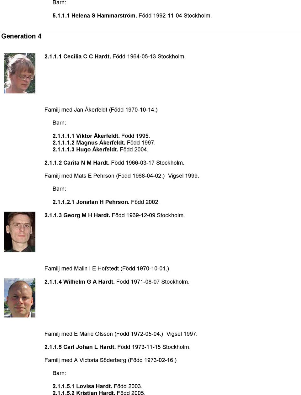 Född 2002. 2.1.1.3 Georg M H Hardt. Född 1969-12-09 Stockholm. Familj med Malin I E Hofstedt (Född 1970-10-01.) 2.1.1.4 Wilhelm G A Hardt. Född 1971-08-07 Stockholm.