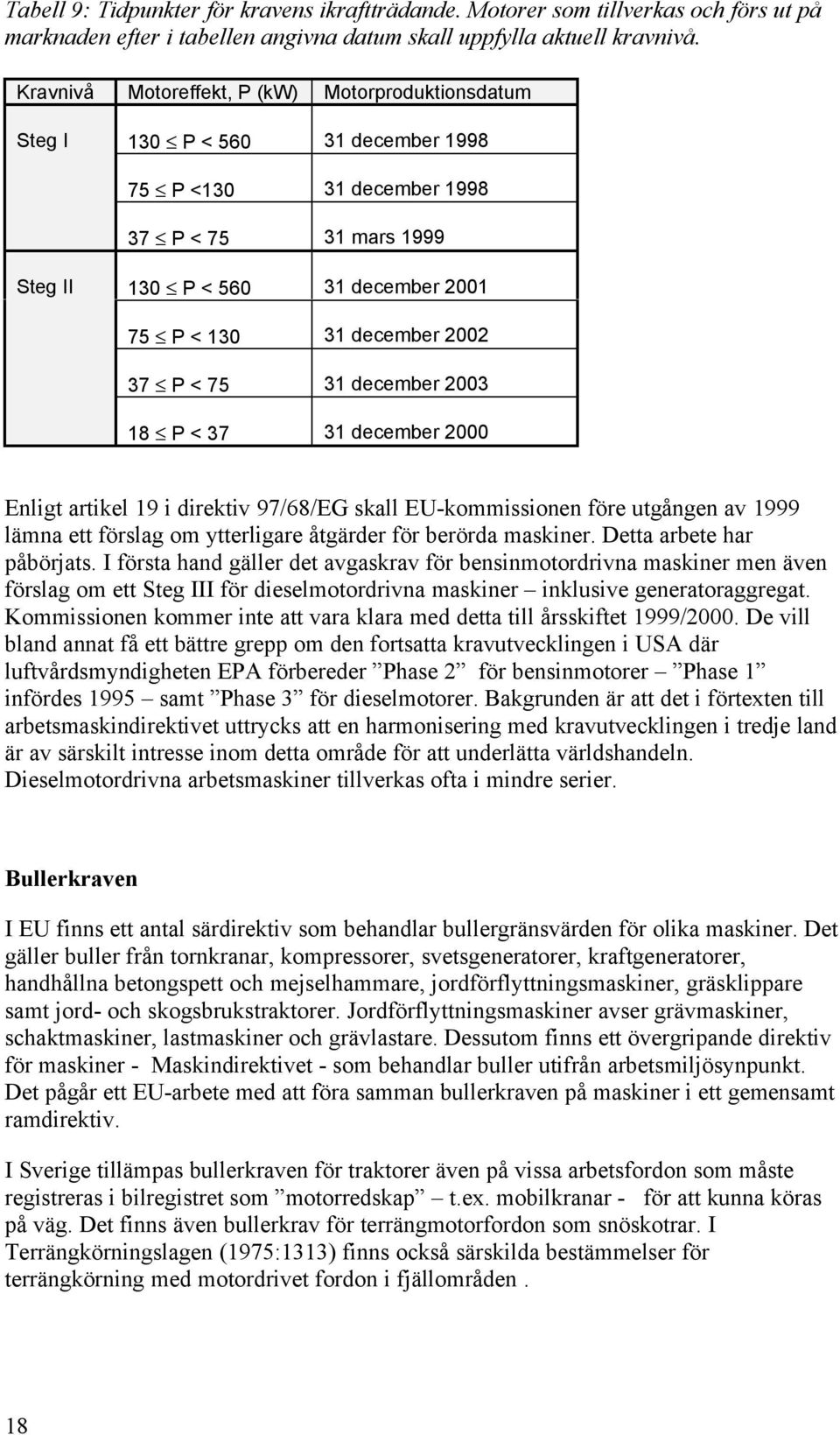 2002 37 P < 75 31 december 2003 18 P < 37 31 december 2000 Enligt artikel 19 i direktiv 97/68/EG skall EU-kommissionen före utgången av 1999 lämna ett förslag om ytterligare åtgärder för berörda