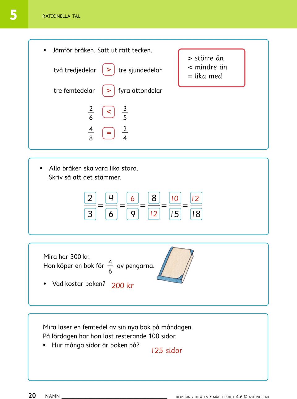 vara lika stora. Skriv så att det stämmer. 2 8 3 = = 6 6 9 = = 10 15 = 12 12 18 Mira har 300 kr.