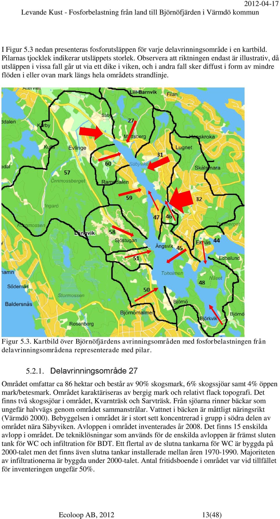 strandlinje. 44 Figur 5.3. Kartbild över Björnöfjärdens avrinningsområden med fosforbelastningen från delavrinningsområdena representerade med pilar. 5.2.1.