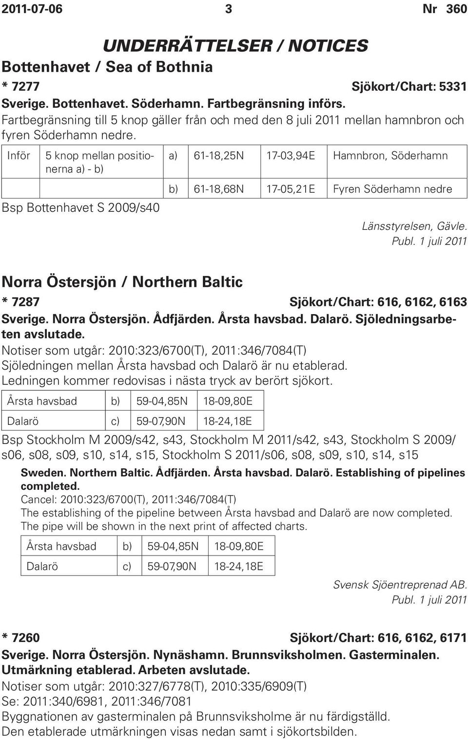 Inför 5 knop mellan positionerna a) - b) Bsp Bottenhavet S 2009/s40 a) 61-18,25N 17-03,94E Hamnbron, Söderhamn b) 61-18,68N 17-05,21E Fyren Söderhamn nedre Länsstyrelsen, Gävle. Publ.