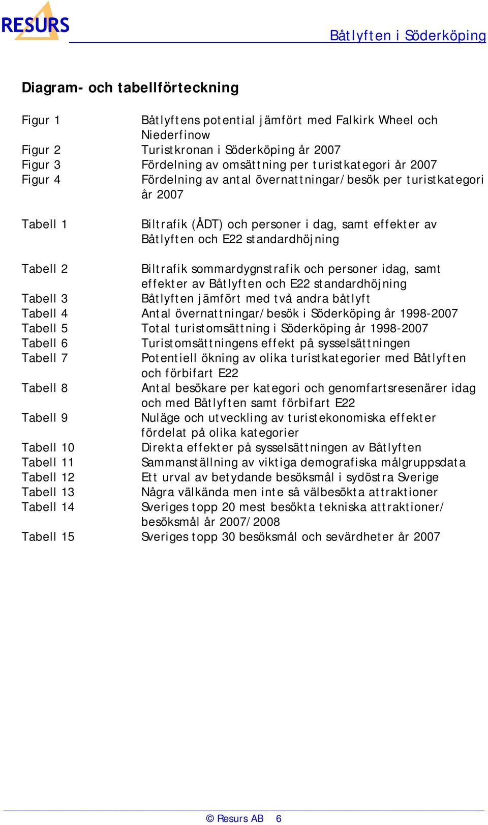 sommardygnstrafik och personer idag, samt effekter av Båtlyften och E22 standardhöjning Tabell 3 Båtlyften jämfört med två andra båtlyft Tabell 4 Antal övernattningar/besök i Söderköping år 1998-2007