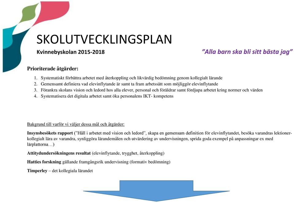 Förankra skolans vision och ledord hos alla elever, personal och föräldrar samt fördjupa arbetet kring normer och värden 4.