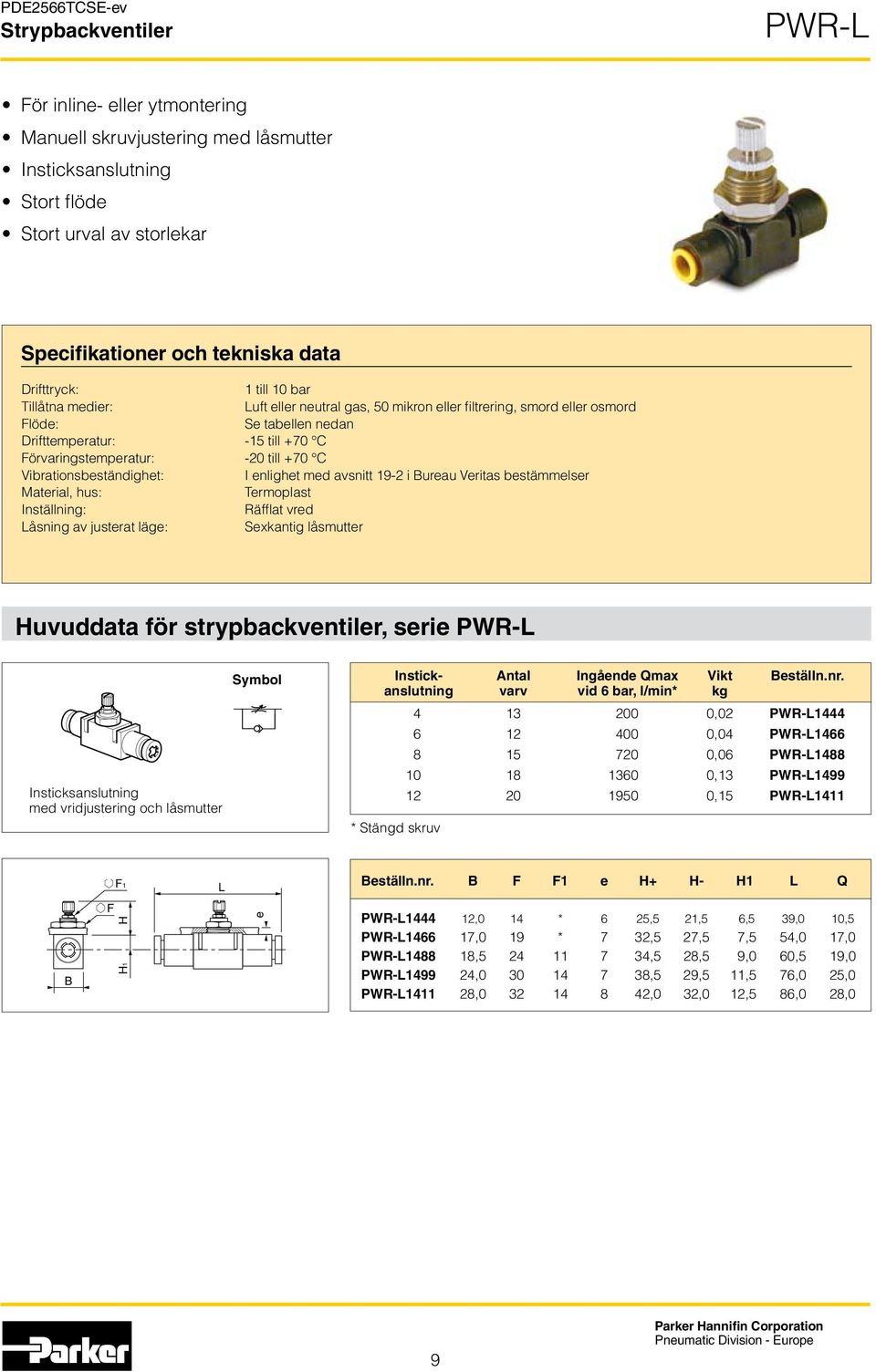 Vibrationsbeständighet: I enlighet med avsnitt 19-2 i ureau Veritas bestämmelser Material, hus: Termoplast Inställning: Räfflat vred Låsning av justerat läge: Sexkantig låsmutter Huvuddata för