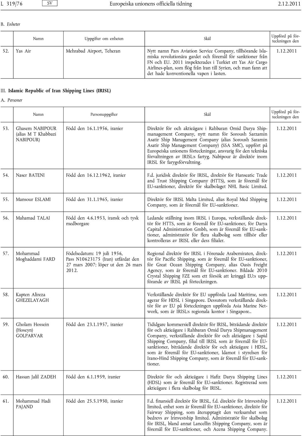 2011 inspekterades i Turkiet ett Yas Air Cargo Airlines-plan, som flög från Iran till Syrien, och man fann att det hade konventionella vapen i lasten. III.