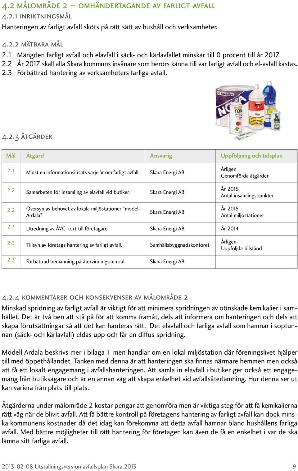 17. 2.2 År 2017 skall alla Skara kommuns invånare som berörs känna till var farligt avfall och el-avfall kastas. 2.3 Förbättrad hantering av verksamheters farliga avfall. 4.2.3 åtgärder Mål Åtgärd Ansvarig Uppföljning och tidsplan 2.