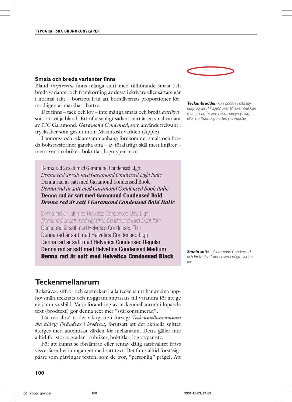 Ett ofta synligt sådant snitt är en smal variant av ITC Garamond, Garamond Condensed, som används frekvant i trycksaker som ges ut inom Macintosh-världen (Apple).