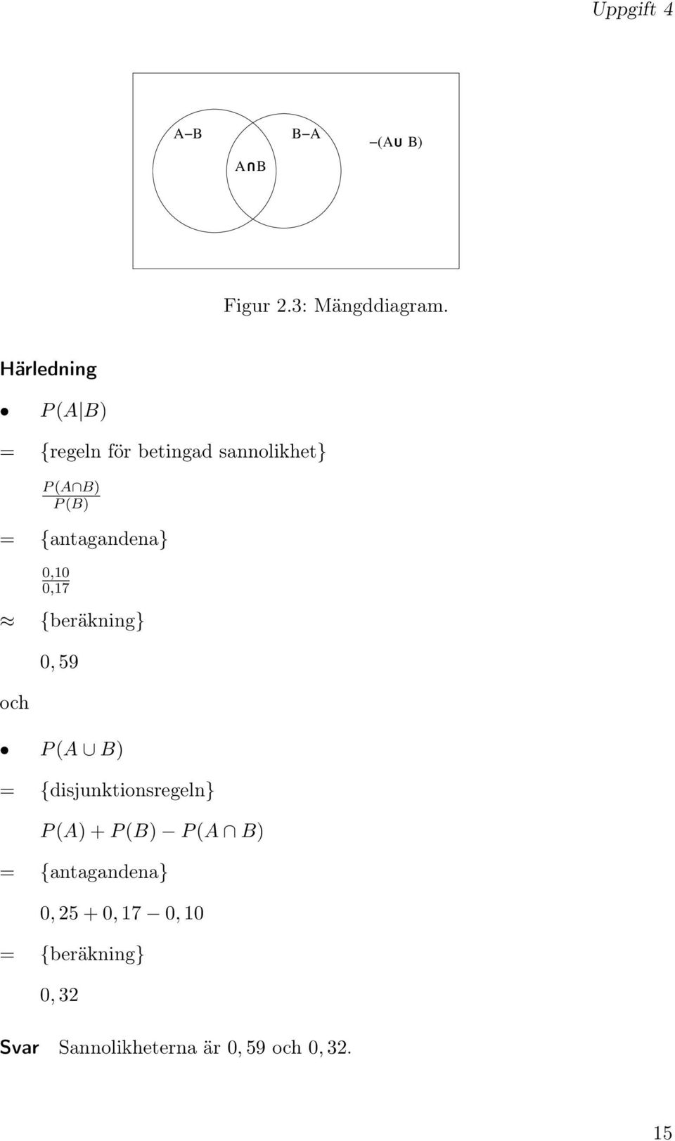 {antagandena} 0,10 0,17 {beräkning} 0, 59 och P (A B) = {disjunktionsregeln} P