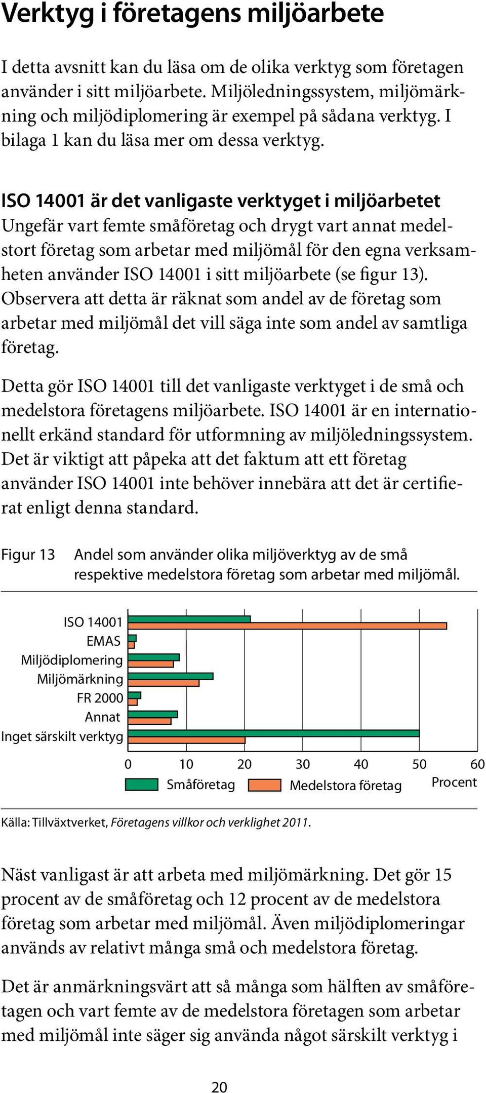 ISO 14001 är det vanligaste verktyget i miljöarbetet Ungefär vart femte småföretag och drygt vart annat medelstort företag som arbetar med miljömål för den egna verksamheten använder ISO 14001 i sitt