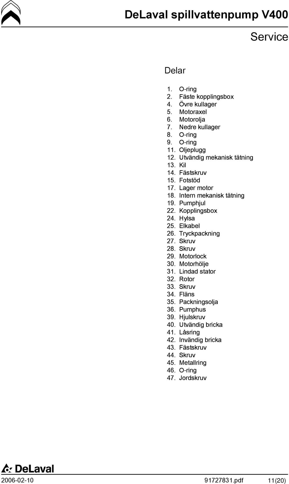 Hylsa 25. Elkabel 26. Tryckpackning 27. Skruv 28. Skruv 29. Motorlock 30. Motorhölje 31. Lindad stator 32. Rotor 33. Skruv 34. Fläns 35.