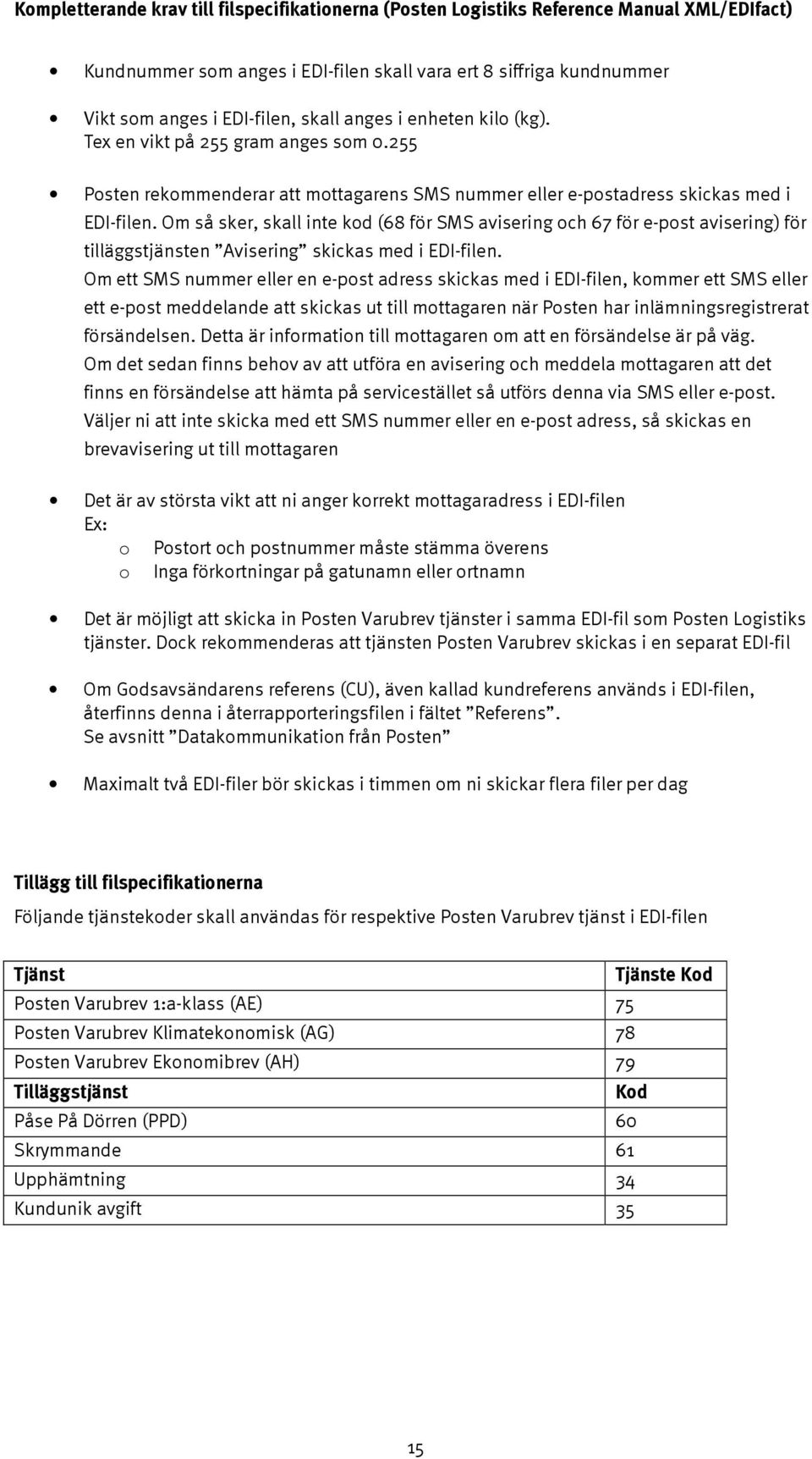 Om så sker, skall inte kod (68 för SMS avisering och 67 för e-post avisering) för tilläggstjänsten Avisering skickas med i EDI-filen.