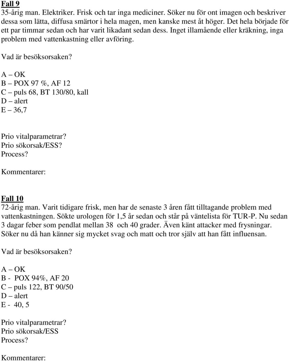 B POX 97 %, AF 12 C puls 68, BT 130/80, kall E 36,7 Fall 10 72-årig man. Varit tidigare frisk, men har de senaste 3 åren fått tilltagande problem med vattenkastningen.