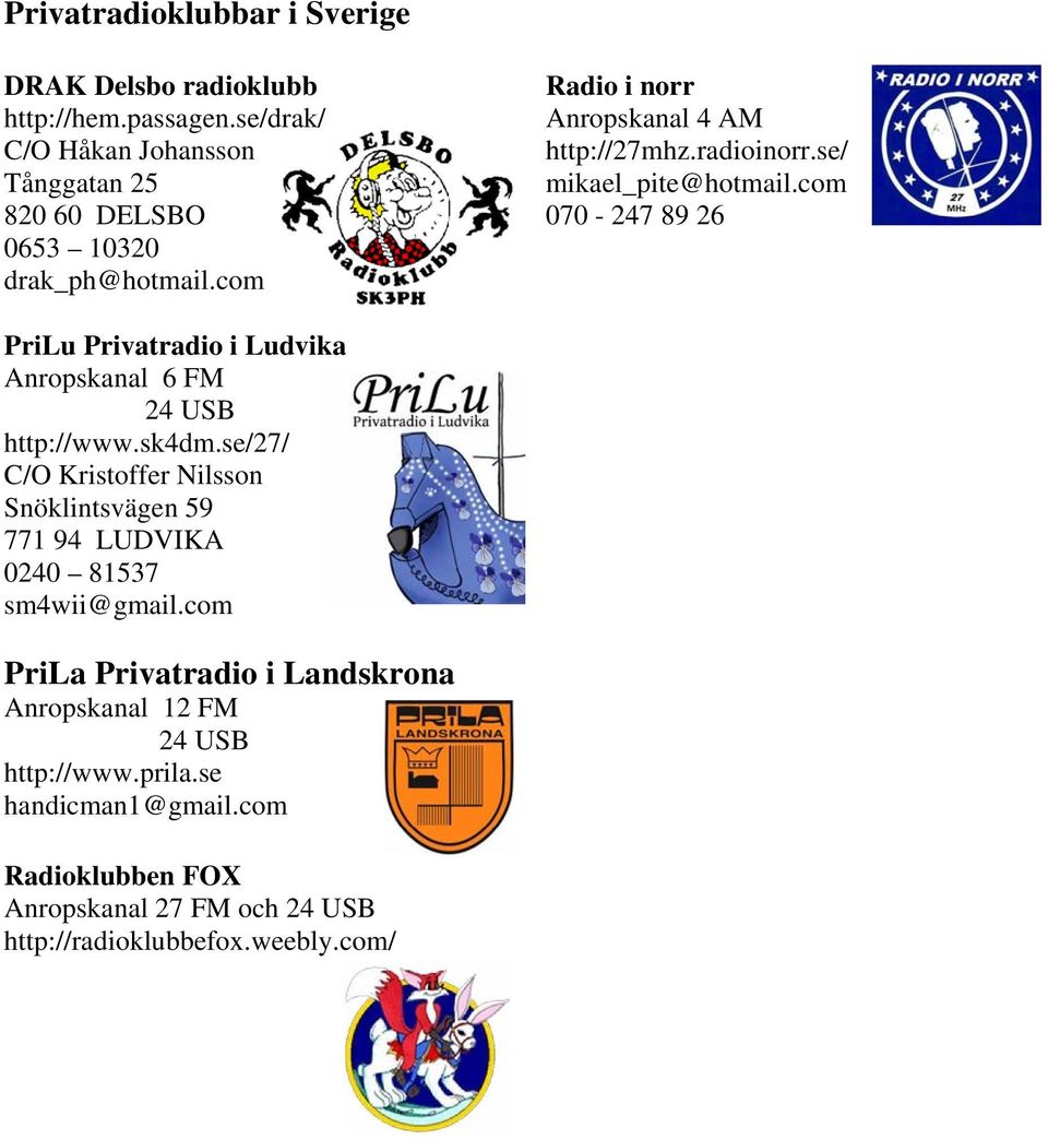 se/ mikael_pite@hotmail.com 070-247 89 26 PriLu Privatradio i Ludvika Anropskanal 6 FM 24 USB http://www.sk4dm.