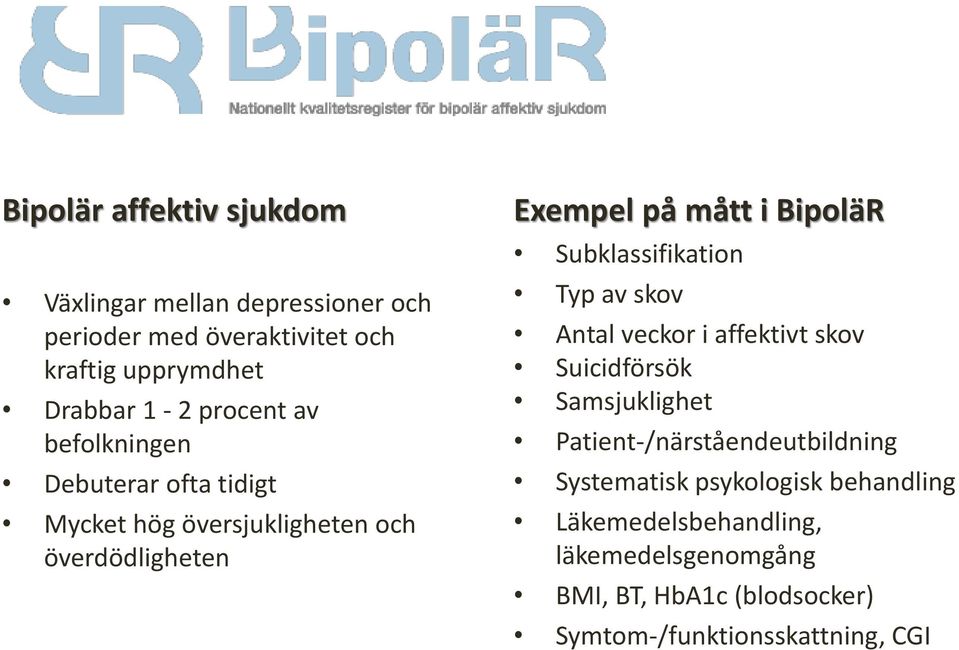 Subklassifikation Typ av skov Antal veckor i affektivt skov Suicidförsök Samsjuklighet Patient-/närståendeutbildning