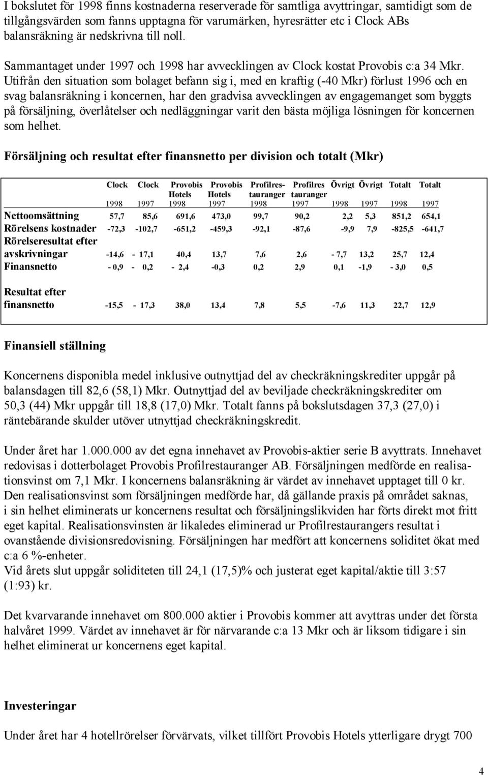 Utifrån den situation som bolaget befann sig i, med en kraftig (-40 Mkr) förlust 1996 och en svag balansräkning i koncernen, har den gradvisa avvecklingen av engagemanget som byggts på försäljning,