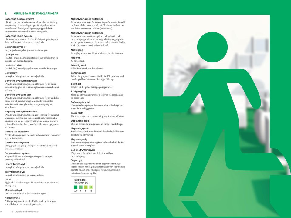 Batteridrift lokala system När en armatur saknar eller har felaktig nätspänning och drivs med batterier eller annan energikälla. Belysningsstyrka lx (lux) anger hur mycket ljus som träffar en yta.