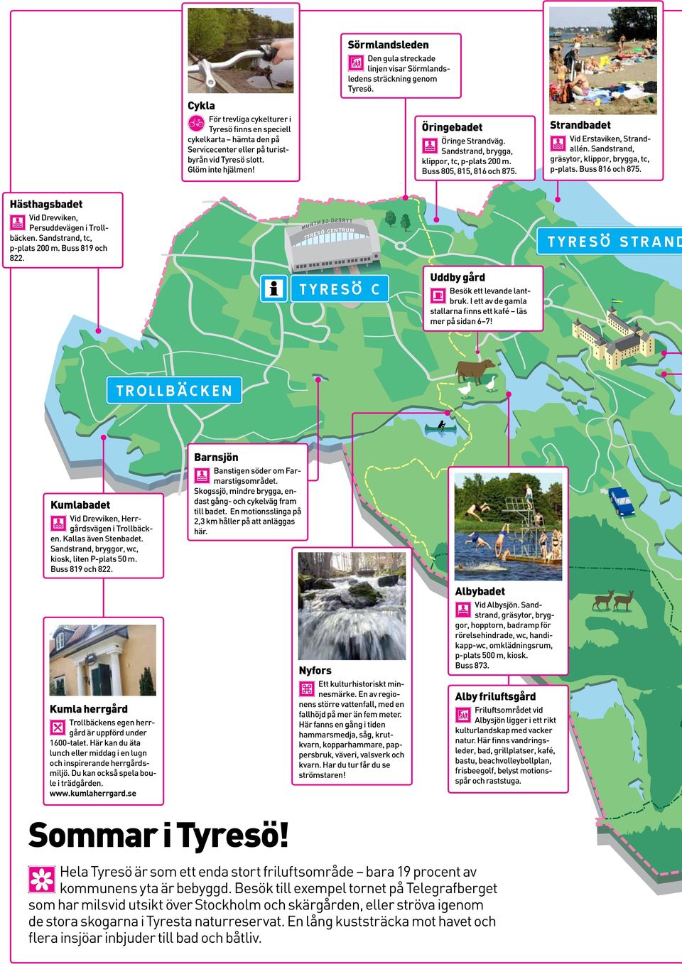 Strandbadet Vid Erstaviken, Strandallén. Sandstrand, gräsytor, klippor, brygga, tc, p-plats. Buss 816 och 875. Hästhagsbadet Vid Drevviken, Persudde vägen i Trollbäcken. Sandstrand, tc, p-plats 200 m.