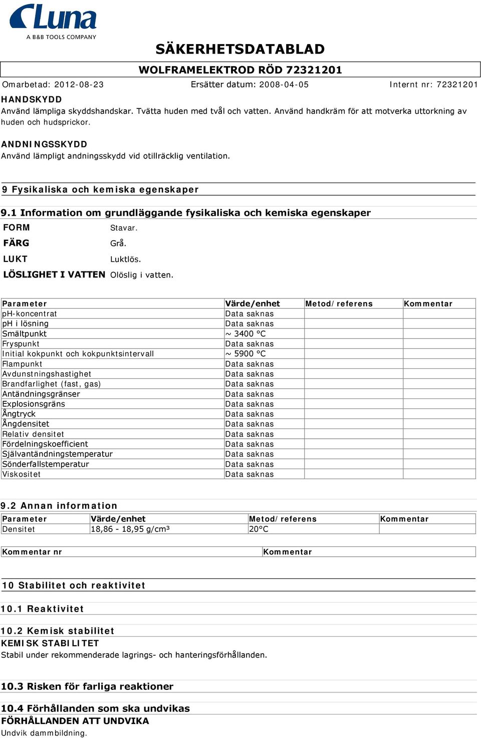 1 Information om grundläggande fysikaliska och kemiska egenskaper FORM Stavar. FÄRG Grå. LUKT Luktlös. LÖSLIGHET I VATTEN Olöslig i vatten.