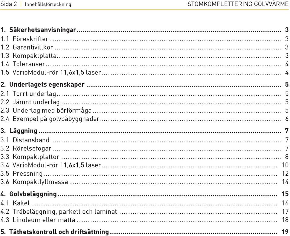 .. 6 3. Läggning... 7 3.1 Distansband... 7 3.2 Rörelsefogar... 7 3.3 Kompaktplattor... 8 3.4 VarioModul-rör 11,6x1,5 laser... 10 3.5 Pressning... 12 3.6 Kompaktfyllmassa.