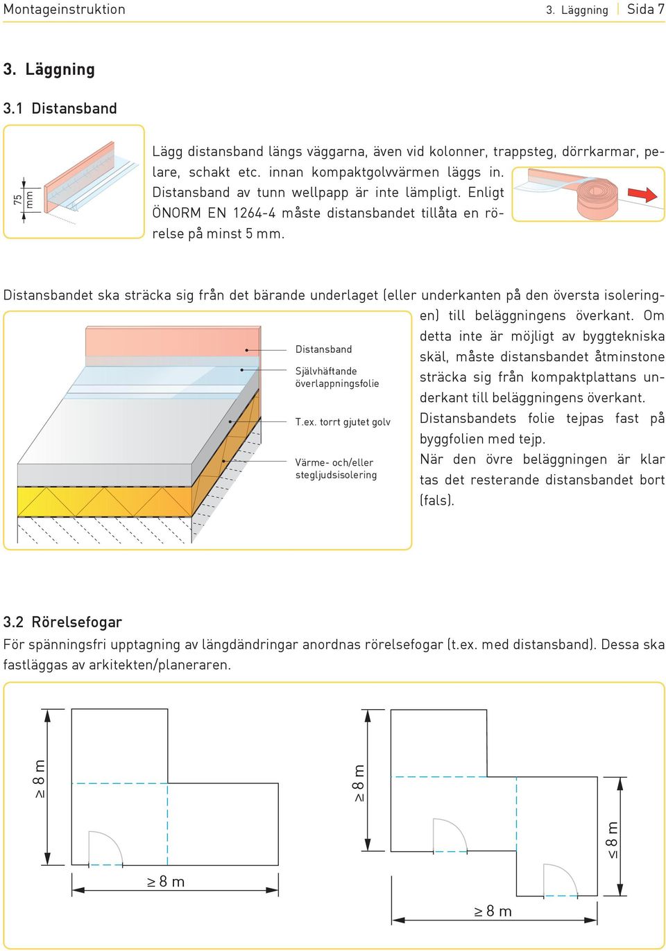 Distansbandet ska sträcka sig från det bärande underlaget (eller underkanten på den översta isoleringen) till beläggningens överkant.