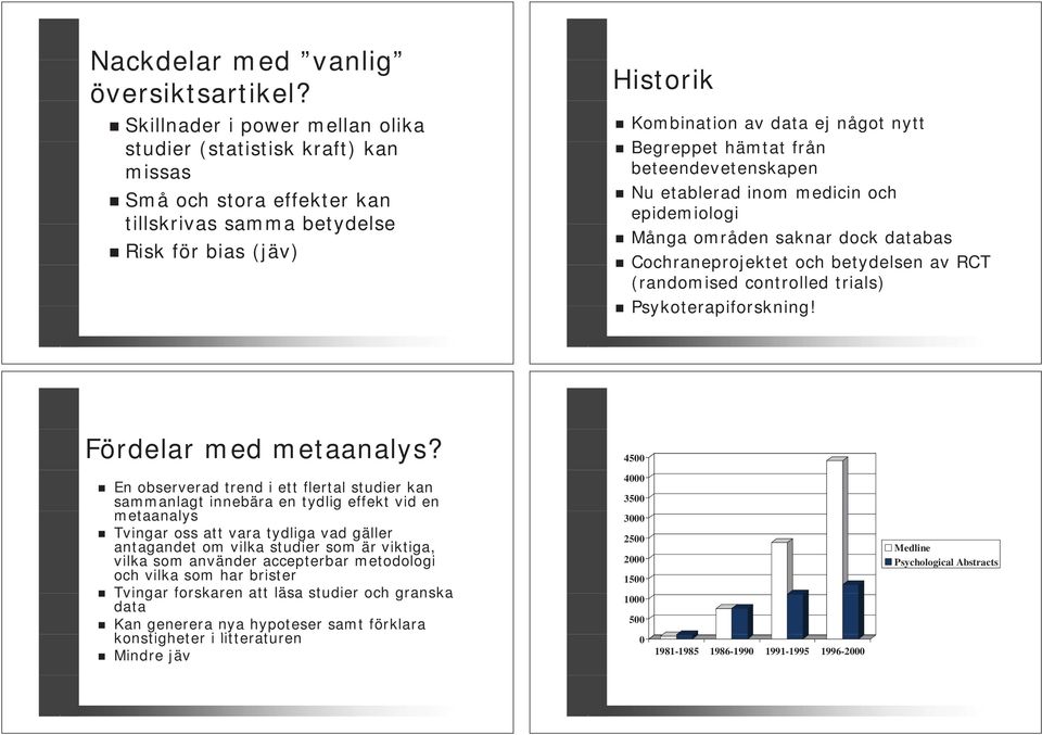 Begreppet hämtat t från beteendevetenskapen Nu etablerad inom medicin och epidemiologi Många områden saknar dock databas Cochraneprojektet och betydelsen av RCT (randomised controlled trials)