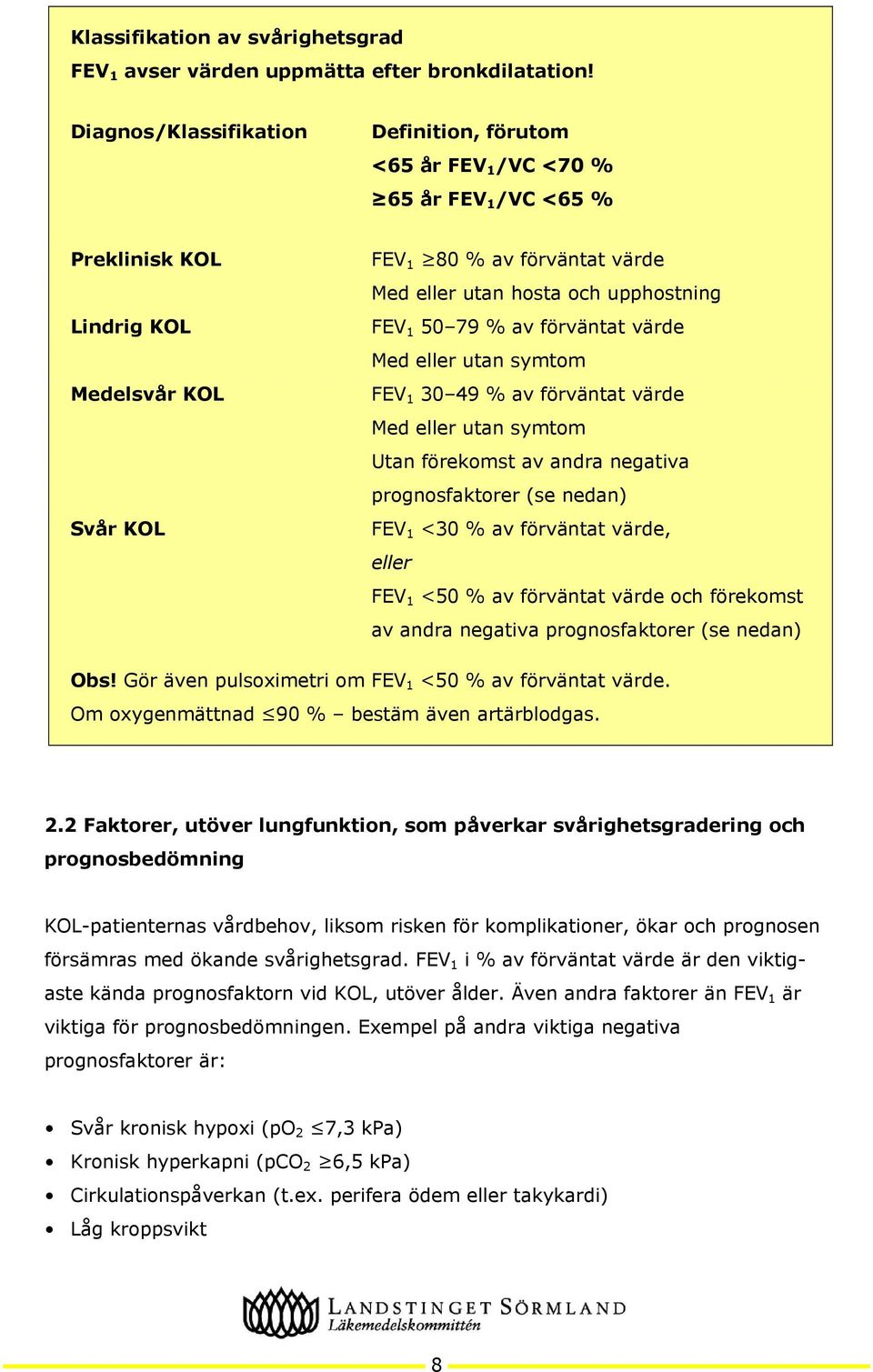 upphostning FEV 1 50 79 % av förväntat värde Med eller utan symtom FEV 1 30 49 % av förväntat värde Med eller utan symtom Utan förekomst av andra negativa prognosfaktorer (se nedan) FEV 1 <30 % av