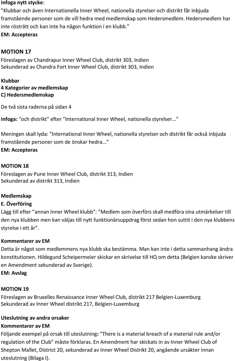 MOTION 17 Föreslagen av Chandrapur Inner Wheel Club, distrikt 303, Indien Sekunderad av Chandra Fort Inner Wheel Club, distrikt 303, Indien Klubbar 4 Kategorier av medlemskap C) Hedersmedlemskap De